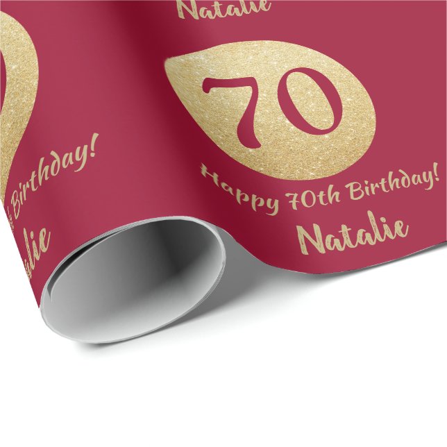 Papier Cadeau Joyeux 70e anniversaire Bourgogne Parties scintill (Coin rond)