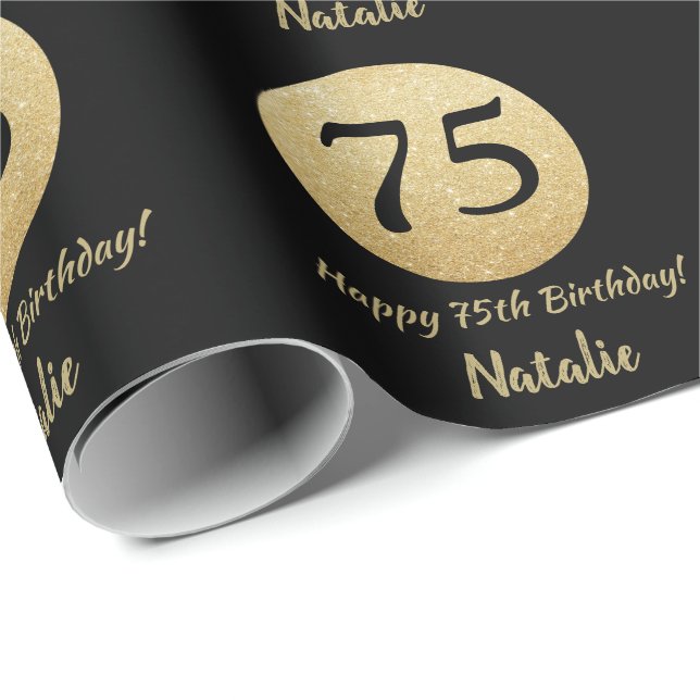 Papier Cadeau Joyeux 75e anniversaire Parties scintillant Noir e (Coin rond)