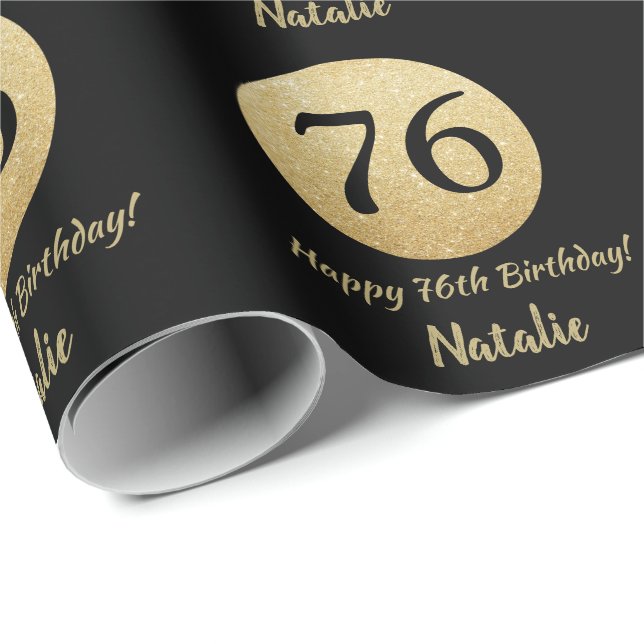 Papier Cadeau Joyeux 76e anniversaire Parties scintillant Noir e (Coin rond)