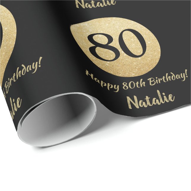 Papier Cadeau Joyeux 80e anniversaire Black and Gold Parties sci (Coin rond)