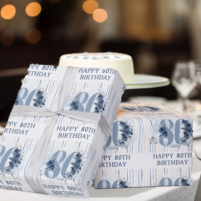 Papier Cadeau Joyeux 80e anniversaire Floral Numéro 80 (80th Birthday wrapping paper from my Floral Number Milestone Birthday Collection)
