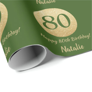 Papier Cadeau Joyeux 80e anniversaire Parties scintillant verte 