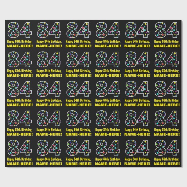 Papier Cadeau Joyeux 84e anniversaire, Fun Colorful Stars Motif  (Plat)