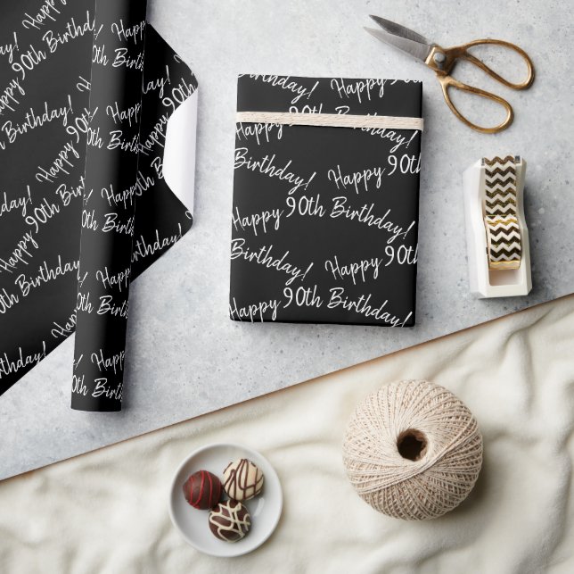 Papier Cadeau Joyeux 90e anniversaire sur fond noir (Artisanat)