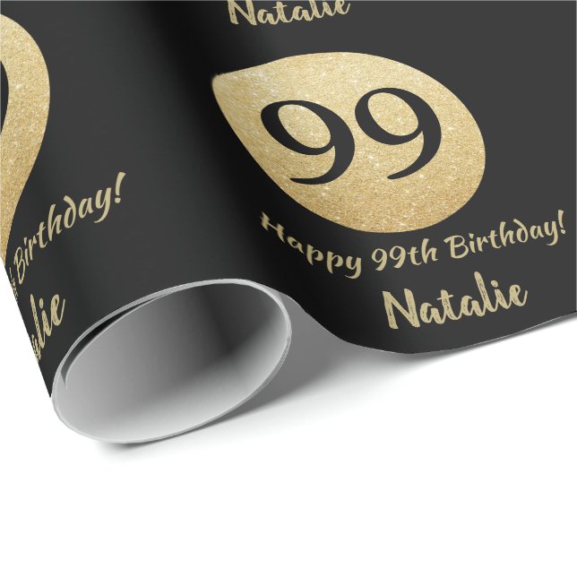 Papier Cadeau Joyeux 99e anniversaire Parties scintillant Noir e (Coin rond)