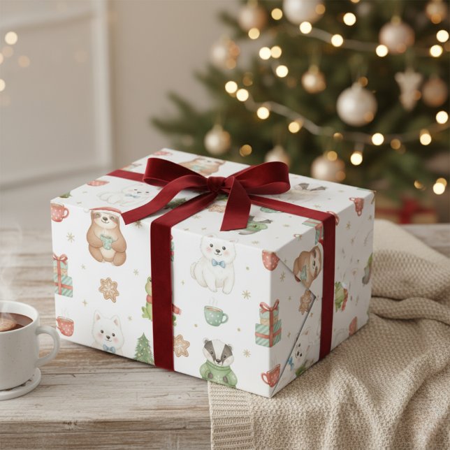 Papier Cadeau Joyeux Animaux de la Forêt de Noël (Cute Festive Woodland Animals Christmas Wrapping Paper)