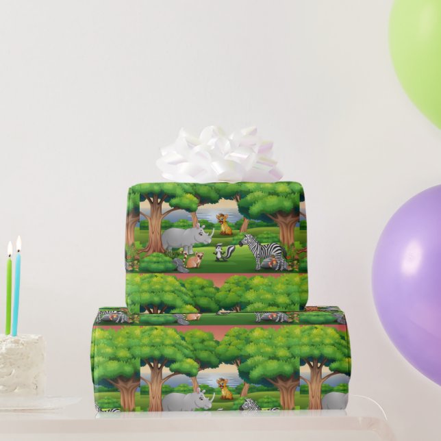 Papier Cadeau Joyeux animaux de la Jungle dans un paysage (Cadeaux de fête)