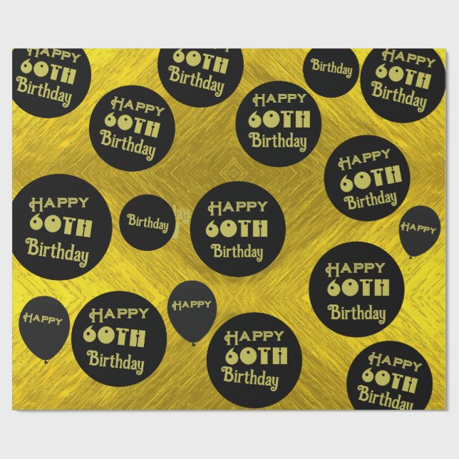 Papier Cadeau Joyeux anniversaire 60e Noir et Or (Plat)
