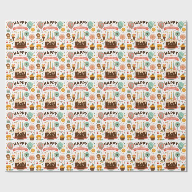 Papier Cadeau Joyeux Anniversaire Adorable Gâteau & Ours (Plat)