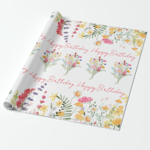 Papier Cadeau Joyeux anniversaire aquarelle Fleur sauvage coloré