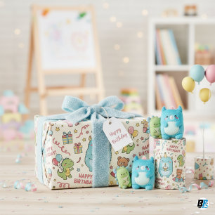 Papier Cadeau Joyeux Anniversaire avec un Monstre Kawaii Pastel 