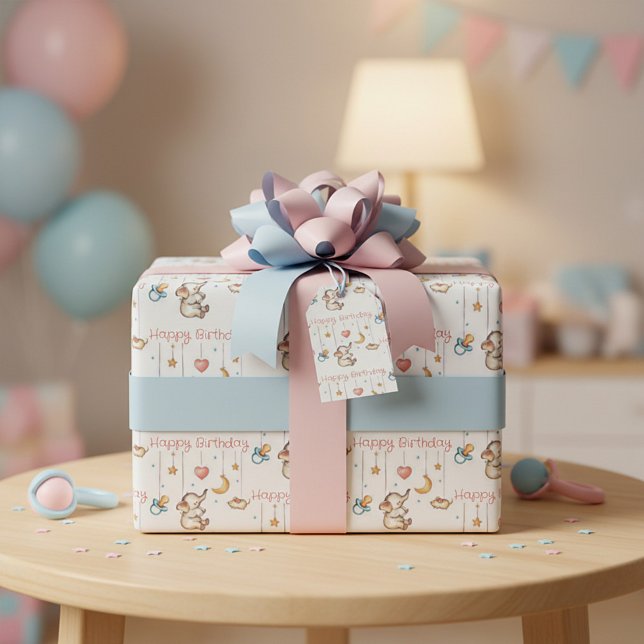 Papier Cadeau Joyeux anniversaire bébé éléphant mignon (Créateur téléchargé)