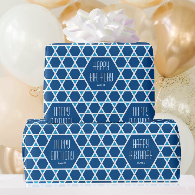 Papier Cadeau Joyeux anniversaire Blue Star Motif personnalisé (Créateur téléchargé)