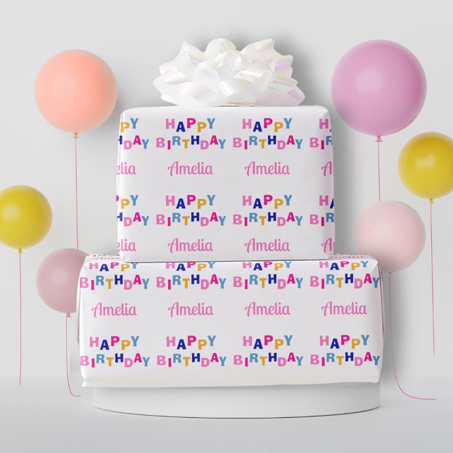 Papier Cadeau Joyeux anniversaire coloré Nom personnalisé (Créateur téléchargé)