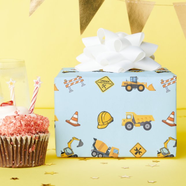 Papier Cadeau Joyeux Anniversaire Construction Bleu Clair  (Fête d'anniversaire)