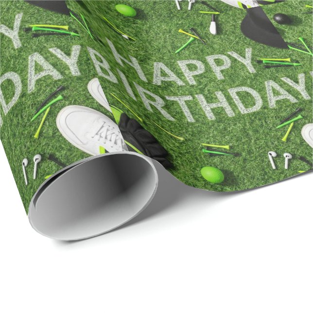 Papier Cadeau Joyeux anniversaire de golf avec des trucs de golf (Coin rond)