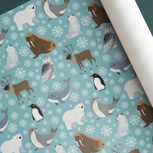 Papier Cadeau Joyeux Anniversaire d'Hiver avec des Animaux Bleu