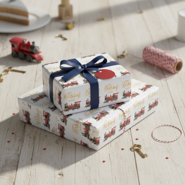Papier Cadeau Joyeux anniversaire du train rouge (Red Train Happy Birthday Wrapping Paper)
