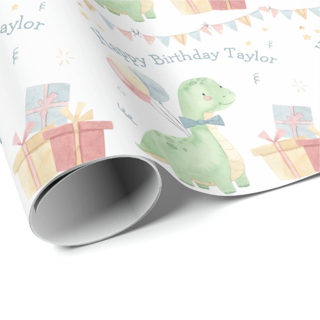 Papier Cadeau Joyeux Anniversaire Fête de Dinosaure Mignon (Coin rond)