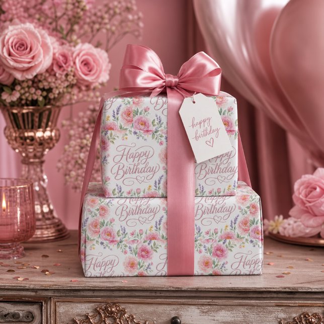 Papier Cadeau Joyeux Anniversaire Fleurs Roses Argentées (Créateur téléchargé)