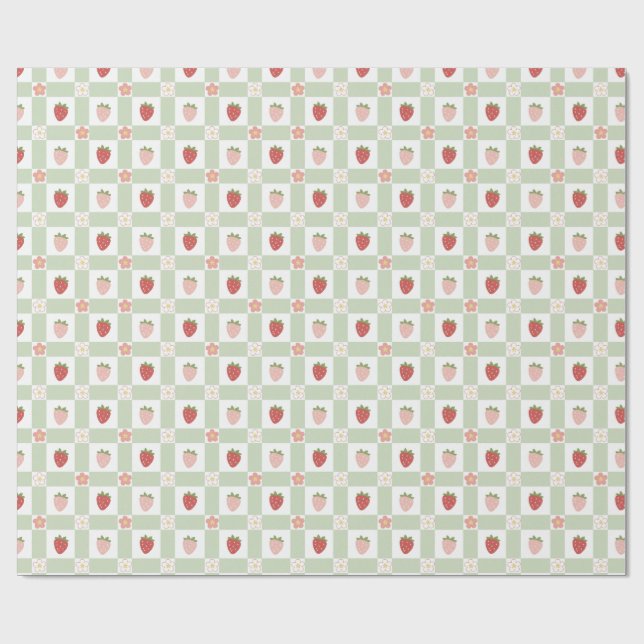 Papier Cadeau Joyeux Anniversaire Fraise Gingham (Plat)