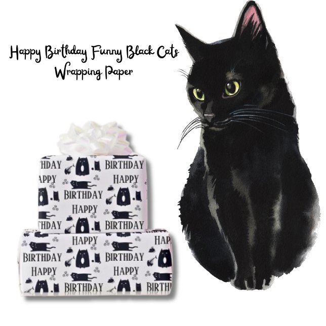 Papier Cadeau Joyeux Anniversaire Funny Chats Noirs Enveloppemen (Happy Birthday Funny Black Cats Wrapping Paper)