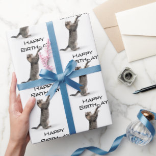 Papier Cadeau Joyeux Anniversaire gris Tabby Chat