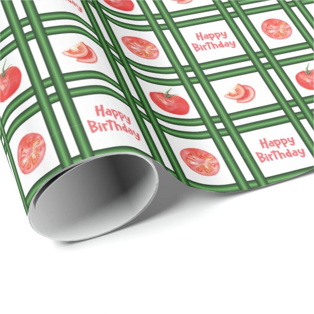 Papier Cadeau Joyeux Anniversaire - Motif de Tomate Fraîche (Coin rond)