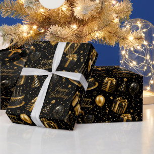 Papier Cadeau Joyeux Anniversaire Noir Luxe et Or
