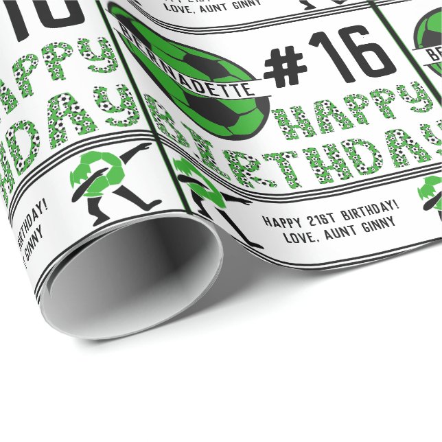 Papier Cadeau Joyeux Anniversaire Nom Age Sentiment Soccer Sport (Coin rond)