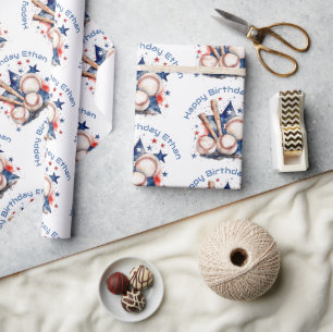 Papier Cadeau Joyeux Anniversaire Nom Blue Red Bat Baseball