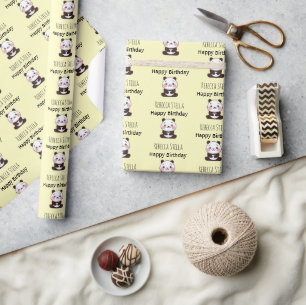 Papier Cadeau Joyeux anniversaire ours panda mignon jaune