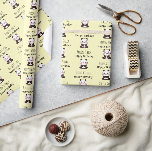 Papier Cadeau Joyeux anniversaire ours panda mignon jaune (Artisanat)