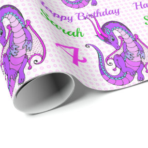 Papier Cadeau Joyeux Anniversaire Pink Dragon Girl's Name Custom