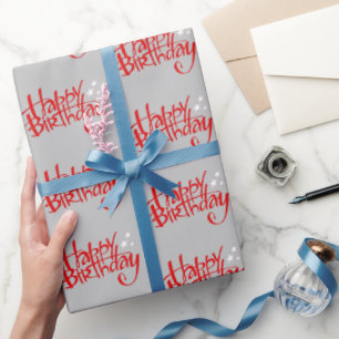 Papier Cadeau Joyeux anniversaire rouge sur gris