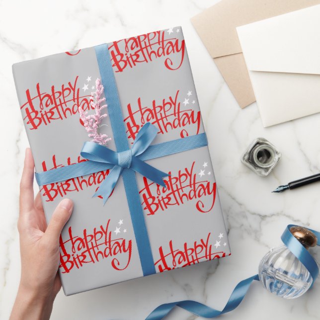Papier Cadeau Joyeux anniversaire rouge sur gris (Cadeaux)