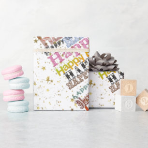 Papier Cadeau Joyeux Anniversaire Script Arc-en-Ciel Étoiles Dor