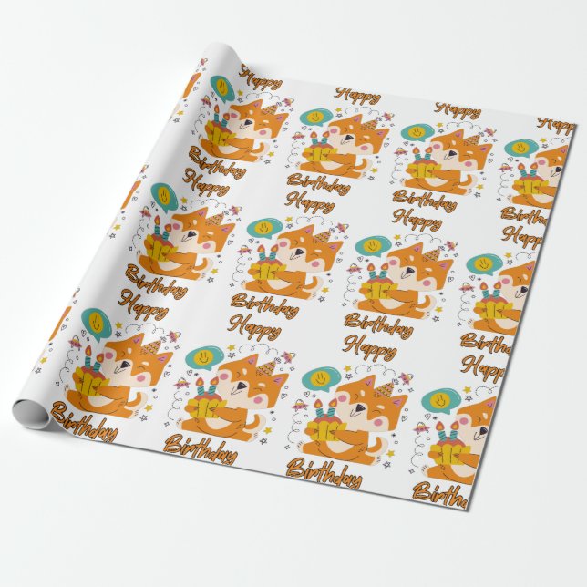 Papier Cadeau Joyeux Anniversaire Shiba Inu papier enveloppant (Déroulé)