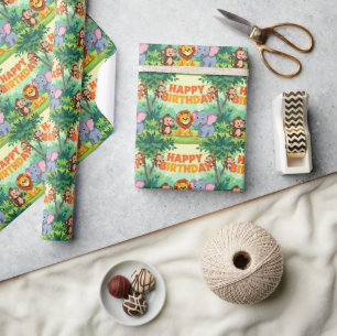 Papier Cadeau Joyeux anniversaire thème safari mignon