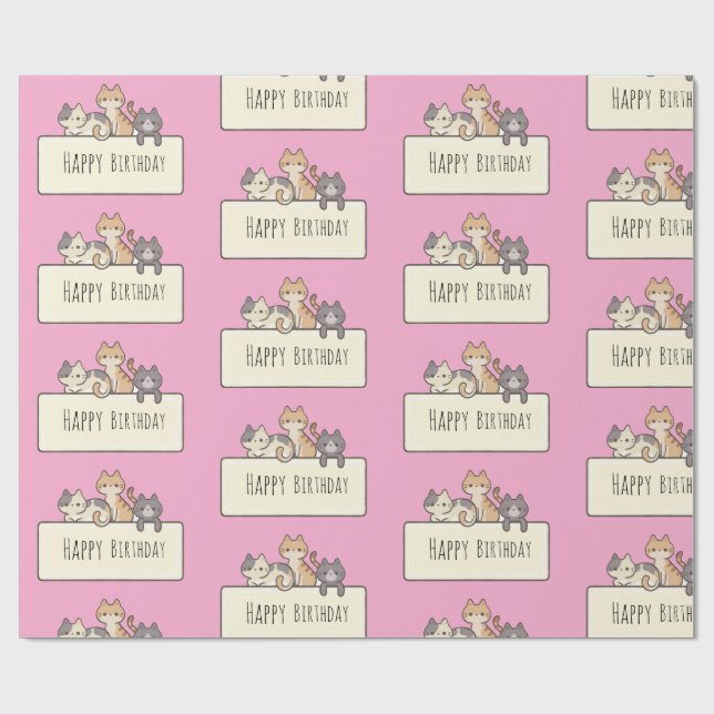 Papier Cadeau Joyeux Anniversaire Trois chats mignons Enveloppem (Plat)