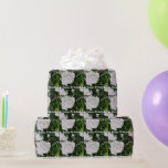 Papier Cadeau Joyeux anniversaire White Mountain Laurel Flowers<br><div class="desc">Joyeux anniversaire est écrit en blanc. Des fleurs de laurier blanc aux morceaux de feuilles roses et rouges et verts. Photographie originale © TamiraZDesigns.</div>