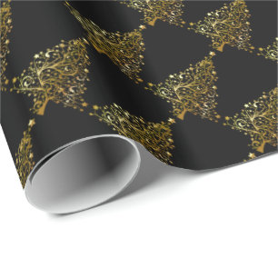 Papier Cadeau Joyeux Arbre de Noël Etoiles Noir Or brillant Chic