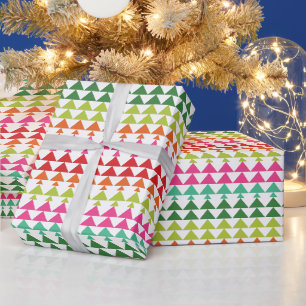 Papier Cadeau Joyeux arbres de Noël géométriques colorés rose ro