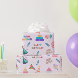 Papier Cadeau Joyeux Ballons d'Anniversaire, Gâteaux, Bonbons