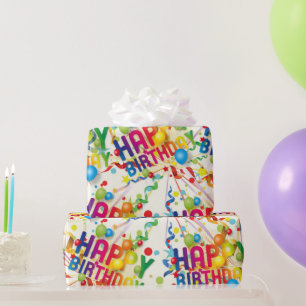 Papier Cadeau Joyeux Balons et Streamers d'anniversaire