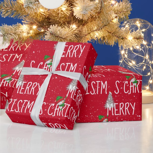 Papier Cadeau Joyeux bonhomme de neige et arbre de Noël dans les (Vacances)