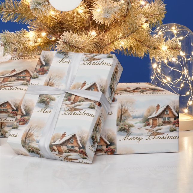 Papier Cadeau Joyeux Cabine de Noël dans un paysage enneigé (Vacances)