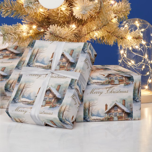 Papier Cadeau Joyeux Cabine de Noël dans un paysage enneigé (Vacances)