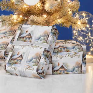 Papier Cadeau Joyeux Cabine de Noël dans un paysage enneigé