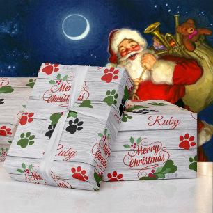 Papier Cadeau Joyeux chien de Noël ajouter nom os & pawprints en